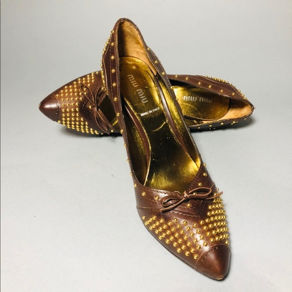 Authentic Miu Miu Brown Leather Studded Pump Heels - Picture 4 of 7